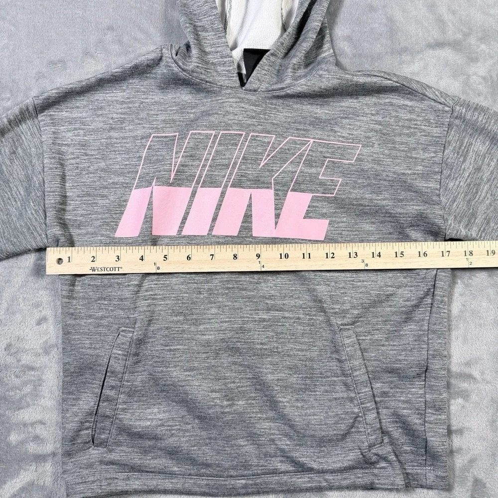 Nike Dri-Fit Hoodie Womens Medium Gray Pink Spellout Loose Fit Cropped Pullover